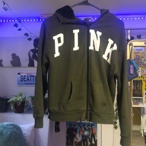 PINK Victorias Secret size XS army green zip up hoodie.